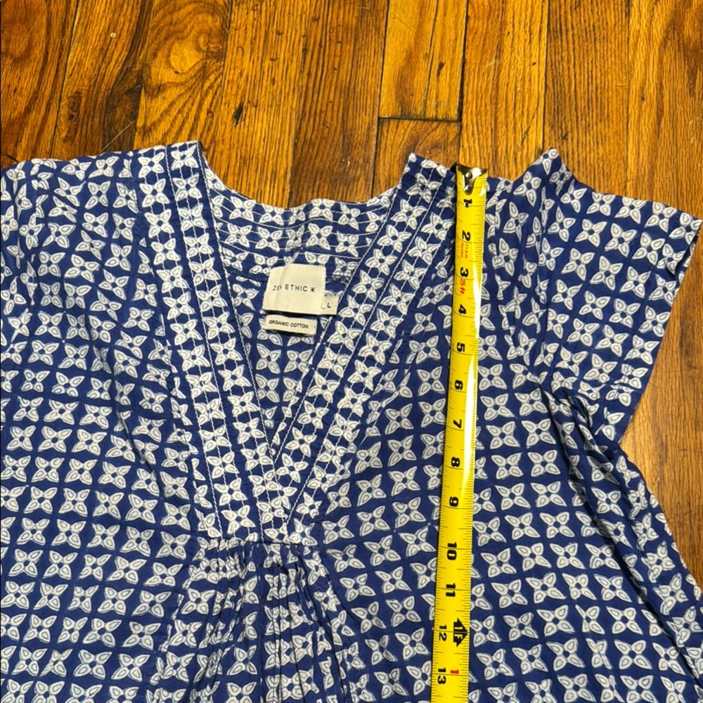 ZEN‎ ETHIC Women's Pistil V Neck A Line Blue White Block Print Patterned Dress L - Picture 10 of 16